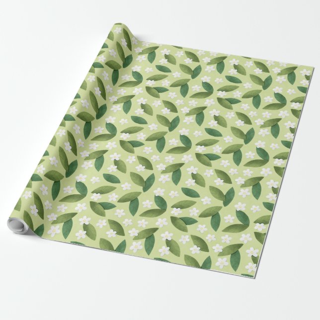 Papel De Regalo Hojas verdes y flores blancas sobre fondo verde (Desenrollado)