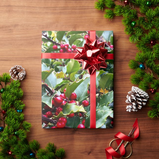 Papel De Regalo Hojas y bayas de acebo (Regalo de vacaciones)