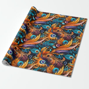 Papel De Regalo Hojas y plumas azules doradas