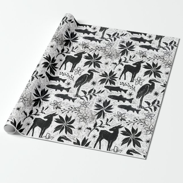 Papel De Regalo Holiday Heron y Deer (Desenrollado)