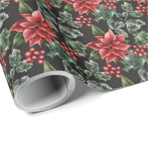 Papel De Regalo Holiday Poinsettias Holly Berries y hojas