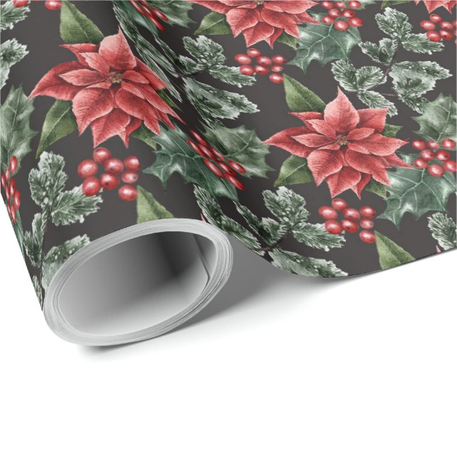 Papel De Regalo Holiday Poinsettias Holly Berries y hojas (Esquina del rollo)