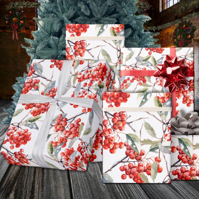Papel De Regalo Holiday Red Winterberry Holly (Holiday Red Winterberry Holly Wrapping Paper Rolls in 6 & 15 foot lengths in matte or semi gloss.)