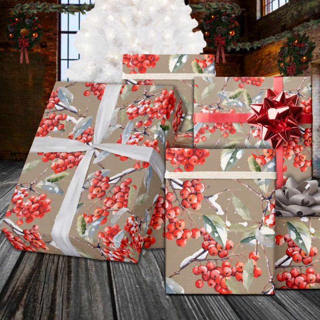 Papel De Regalo Holiday Red Winterberry Holly Rustic Kraft (Holiday Red Winterberry Holly Kraft Wrapping Paper Rolls in 6 & 15 foot lengths, matte or semi gloss)