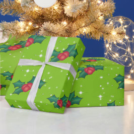 Papel De Regalo Holly Berries con nieve y estrellas en verde brill