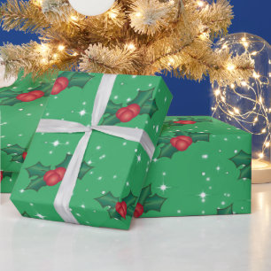 Papel De Regalo Holly Berries con nieve y estrellas sobre el verde