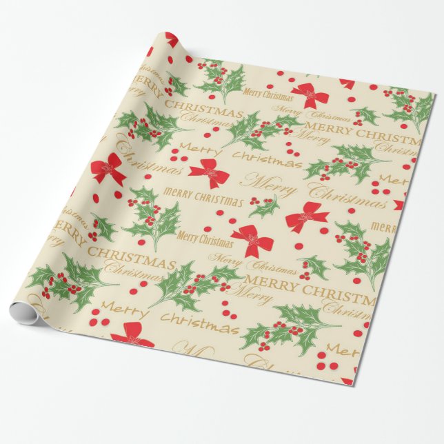 Papel De Regalo Holly Berries Y Bow (Desenrollado)