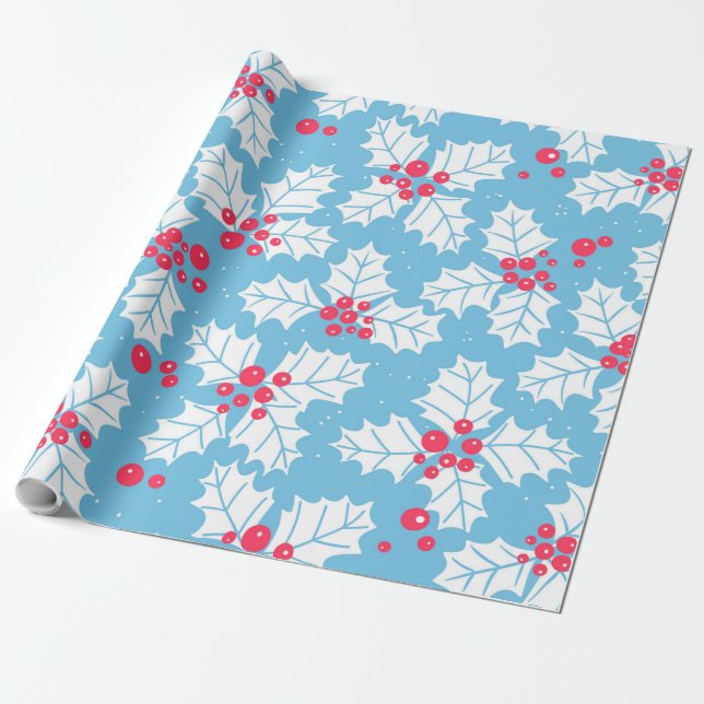 Papel De Regalo Holly berry en azul (Desenrollado)