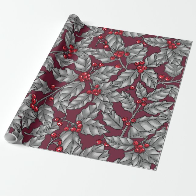 Papel De Regalo Holly berry, gray leaves on dark red (Desenrollado)