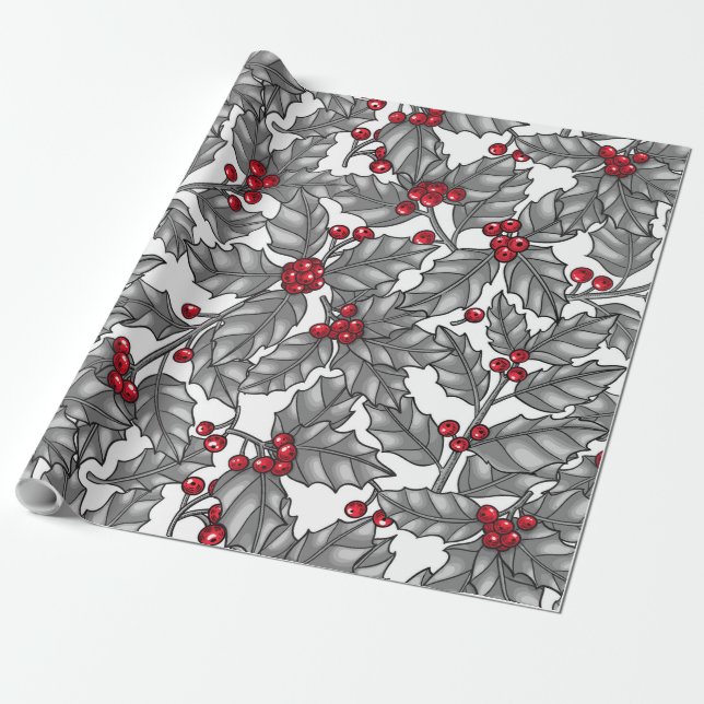 Papel De Regalo Holly berry, gray leaves on white (Desenrollado)
