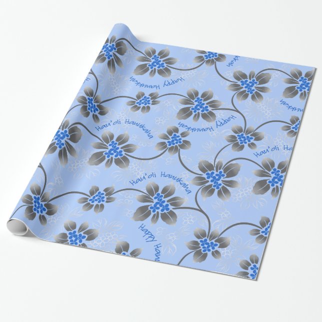 Papel De Regalo Holly Hanukkah Blue Floral (Desenrollado)