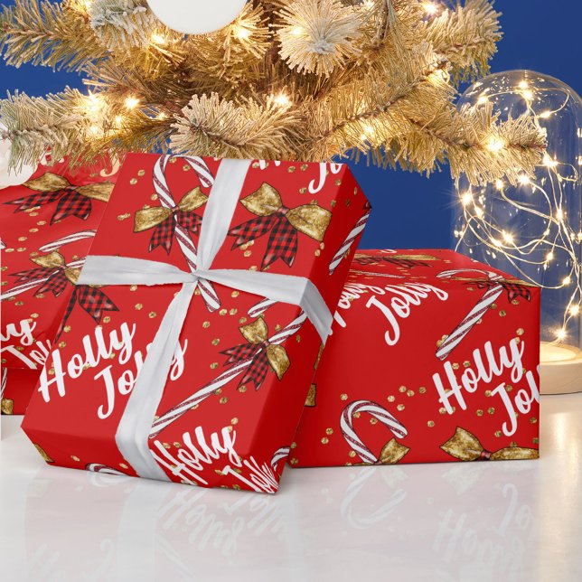Papel De Regalo Holly Jolly Navidades Red Candy Cane Gold Bows (Subido por el creador)