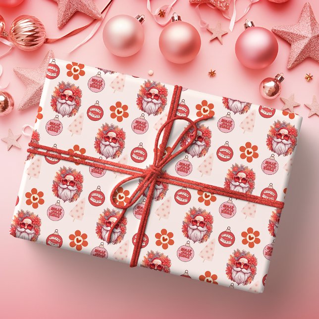 Papel De Regalo Holly Jolly Santa Vibes Pink Retro Holiday (Subido por el creador)