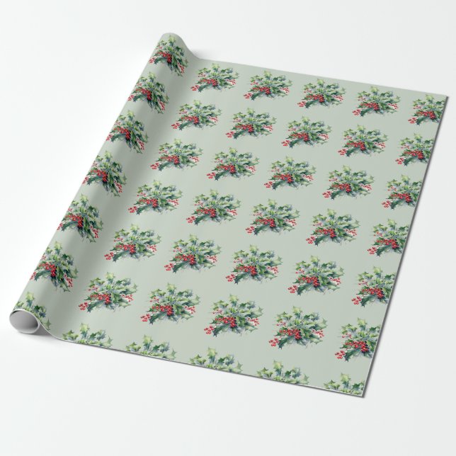 Papel De Regalo Holly Leaves 'n Berries (Desenrollado)