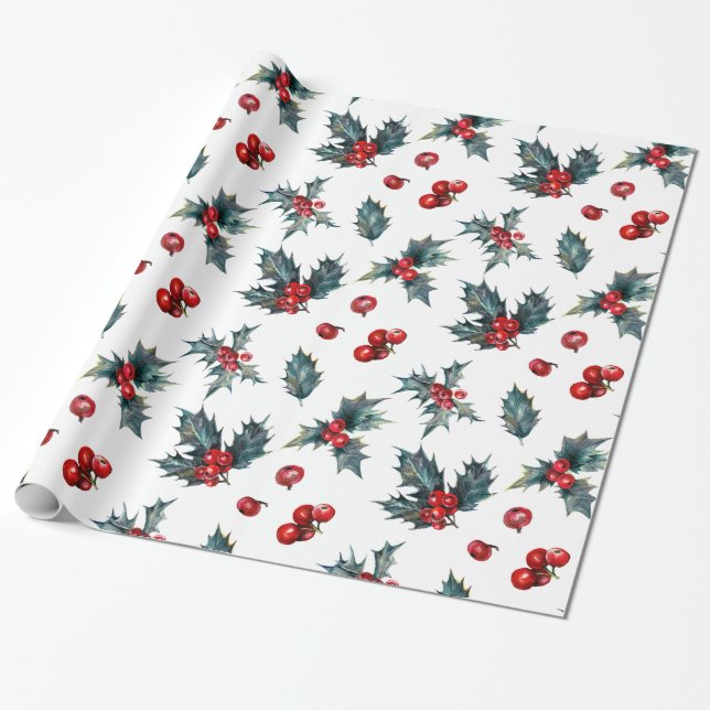 Papel De Regalo Holly Red Berries (Desenrollado)