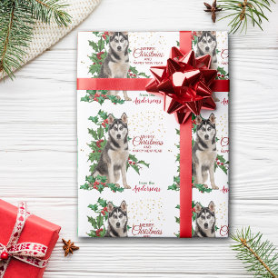 Papel De Regalo Holly Red Berry Siberian Husky Dog Navidades