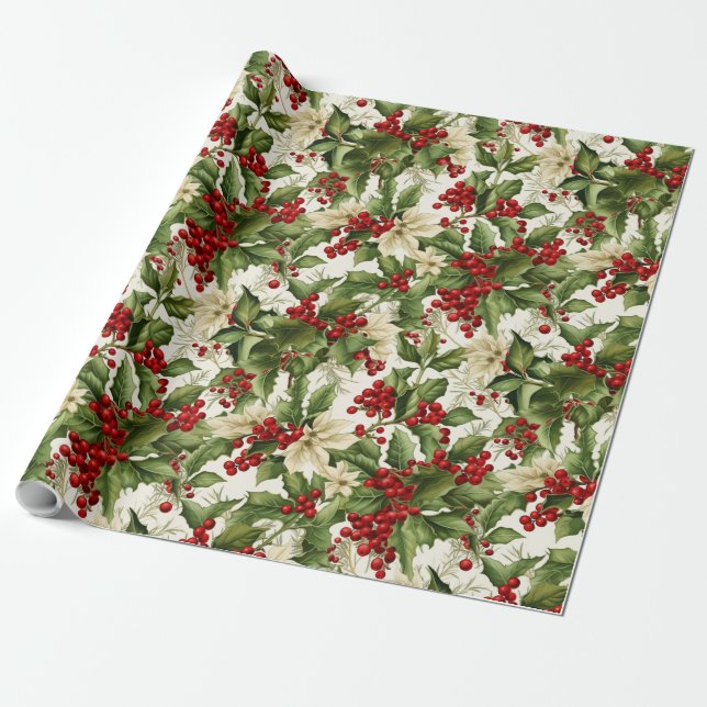 Papel De Regalo Holly y Poinsettias (Desenrollado)