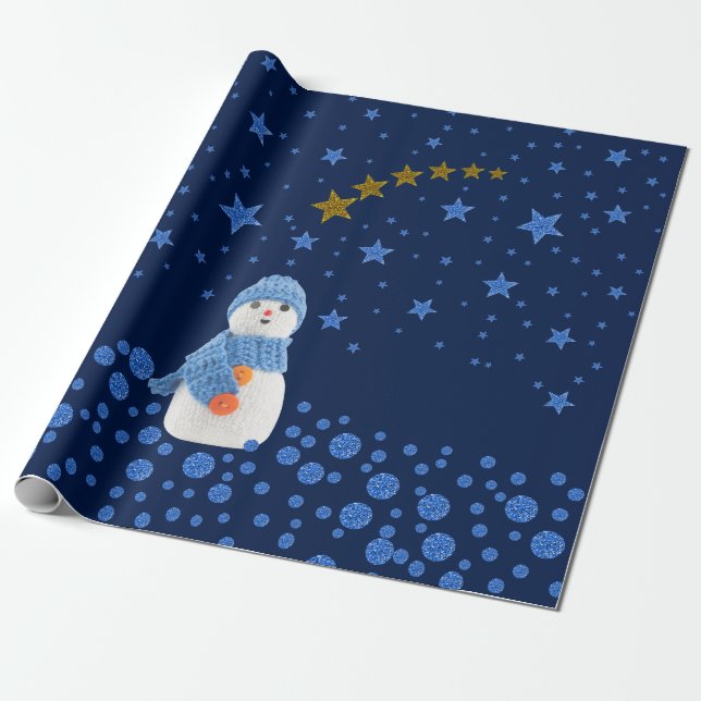 Papel De Regalo Hombre de nieve, brillantes estrellas azules en az (Desenrollado)