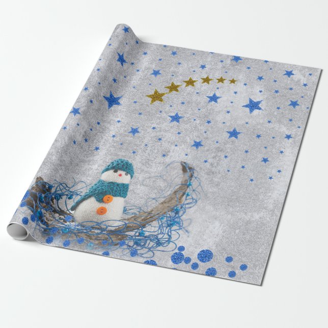 Papel De Regalo Hombre de nieve con brillantes estrellas azules (Desenrollado)