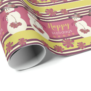 Papel De Regalo Hombre De Nieve Con Floral Y Tiras