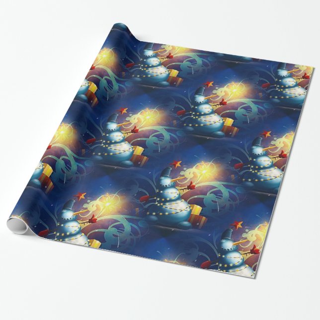 Papel De Regalo Hombre de nieve con regalos y fuegos artificiales (Desenrollado)