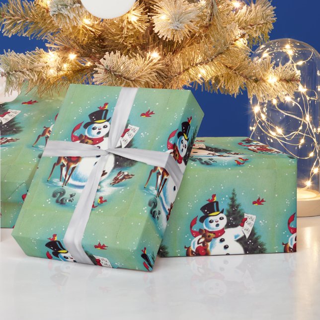 Papel De Regalo Hombre de nieve de Navidad con animales (Vacaciones)