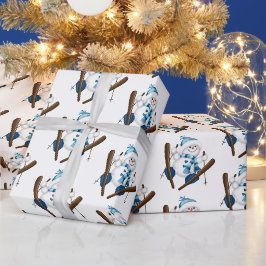 Papel De Regalo Hombre De Nieve Esquiando En Blanco