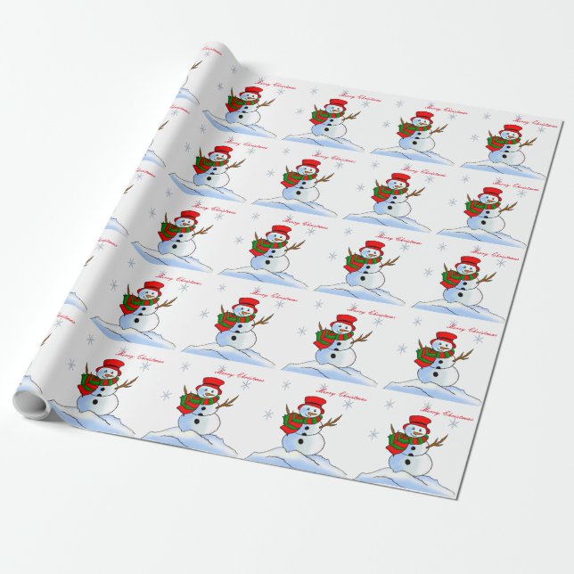 Papel De Regalo Hombre de nieve personalizado sobre nieve y copos  (Desenrollado)
