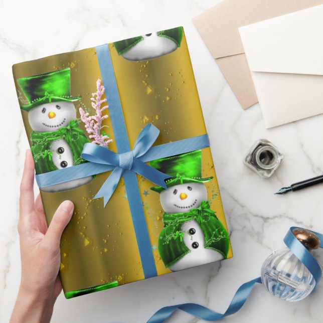 Papel De Regalo Hombre de nieve verde sobre Navidades de oro (Subido por el creador)