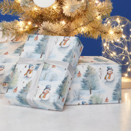 Papel De Regalo Hombre de nieve y árboles de Navidad
