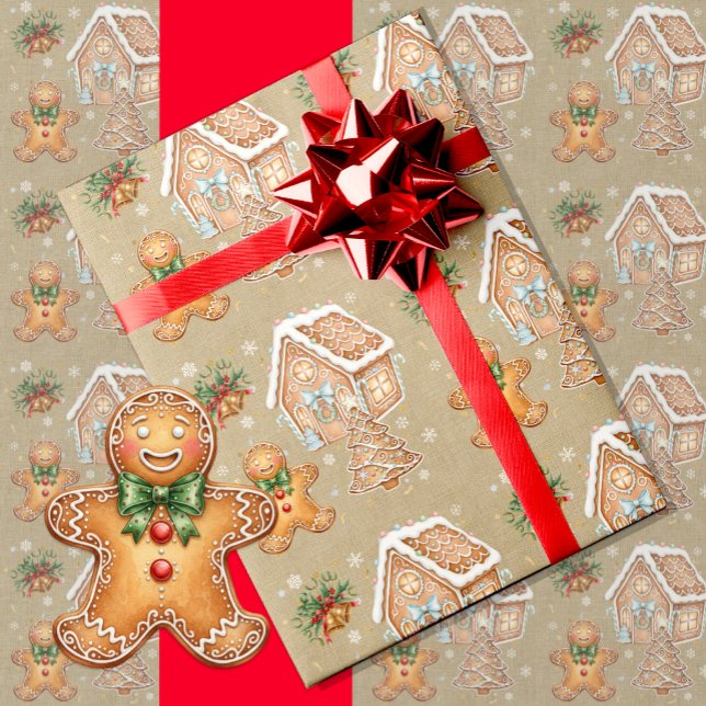 Papel De Regalo Hombre de pan de jengibre, casa, árbol, Navidades (Vintage Gingerbread Man Christmas Wrapping Paper)