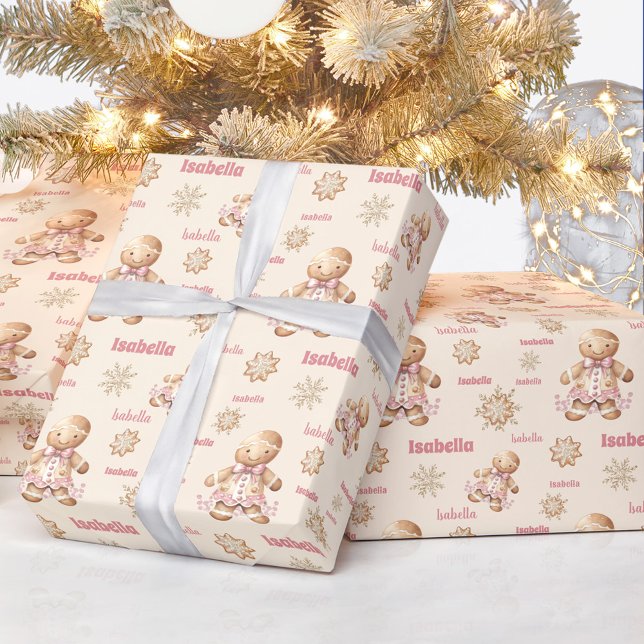 Papel De Regalo Hombre de pan de jengibre Chica Navidades de nombr (Gingerbread Man Girl Pink Beige Name Christmas Wrapping Paper)
