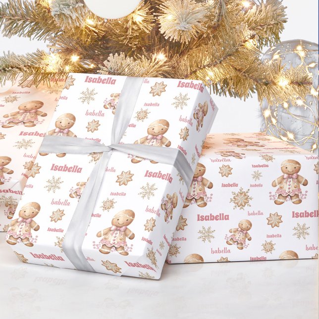Papel De Regalo Hombre de pan de jengibre Chica Nombre rosa Navida (Gingerbread Man Girl Pink Name Text Christmas Wrapping Paper)