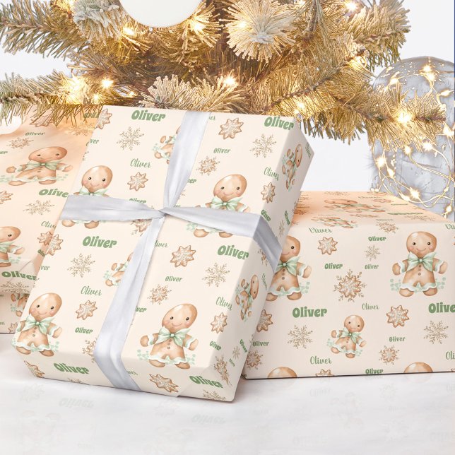 Papel De Regalo Hombre de pan de jengibre nombra a Navidades beige (Gingerbread Man Boy Name Green Beige Christmas Wrapping Paper)