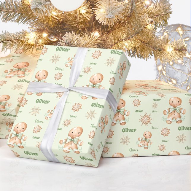 Papel De Regalo Hombre de pan de jengibre nombra a Navidades verde (Gingerbread Man Boy Name Green Christmas Wrapping Paper)