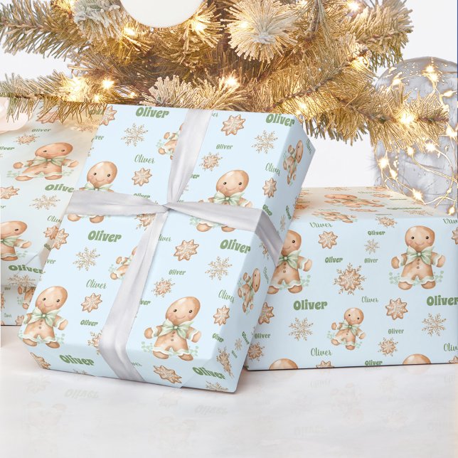 Papel De Regalo Hombre de pan de jengibre nombre Navidades verdes  (Gingerbread Man Boy Name Blue Green Christmas Wrapping Paper)