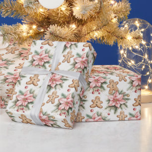 Papel De Regalo Hombres de jengibre festivos con poinsettias rosad