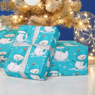 Papel De Regalo Hombres de nieve y copos de nieve azul Navidades m