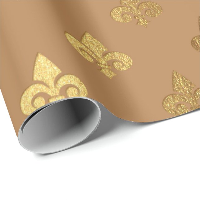 Papel De Regalo Honey Brown Sepia Gold Metallic Fleur-de-lis (Esquina del rollo)