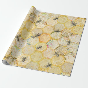Papel De Regalo Honey Queen Bee Floral Honeycomb Gold