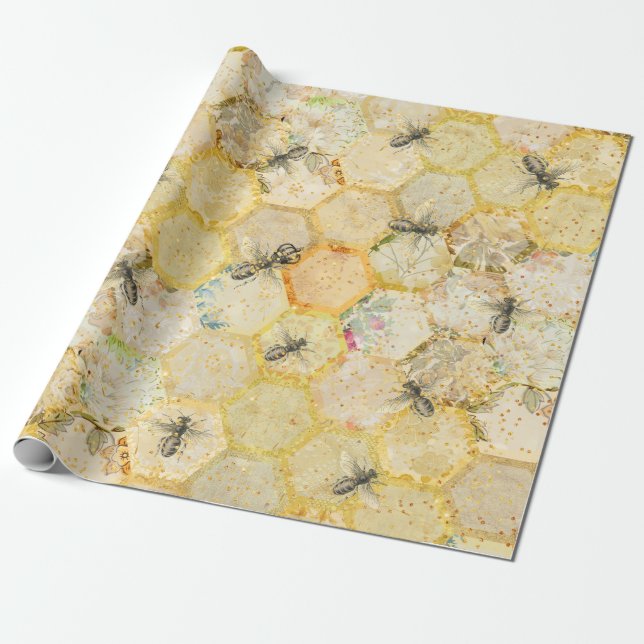 Papel De Regalo Honey Queen Bee Floral Honeycomb Gold (Desenrollado)