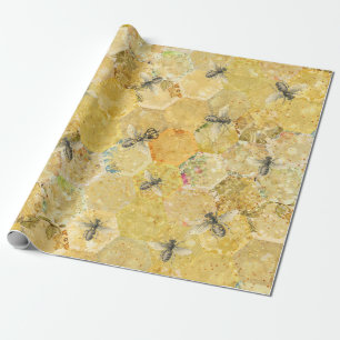 Papel De Regalo Honey Queen Bee Floral Honeycomb Gold