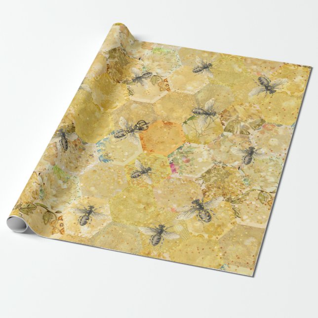 Papel De Regalo Honey Queen Bee Floral Honeycomb Gold (Desenrollado)
