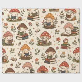 Papel De Regalo Hongos Libreros Adorables Leyendo Libros Estilo Co