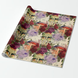 Papel De Regalo Hongos Woodland Antigüedad Ephemera Marsala Red