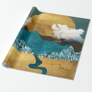 Papel De Regalo Horizonte Dorado con Montañas Azules