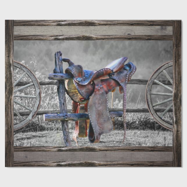 Papel De Regalo Horse Saddle Corral Fence Western Wagon Wheels (Superficie plana)