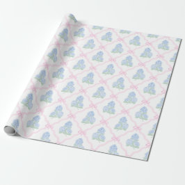 Papel De Regalo Hortensia Azul Preppy con Enrejado de Lazo Rosa