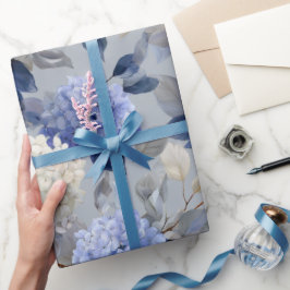 Papel De Regalo Hortensia Azul Suave Patrón Floral Gris