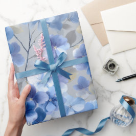 Papel De Regalo Hortensia Azul Suave Patrón Floral Gris